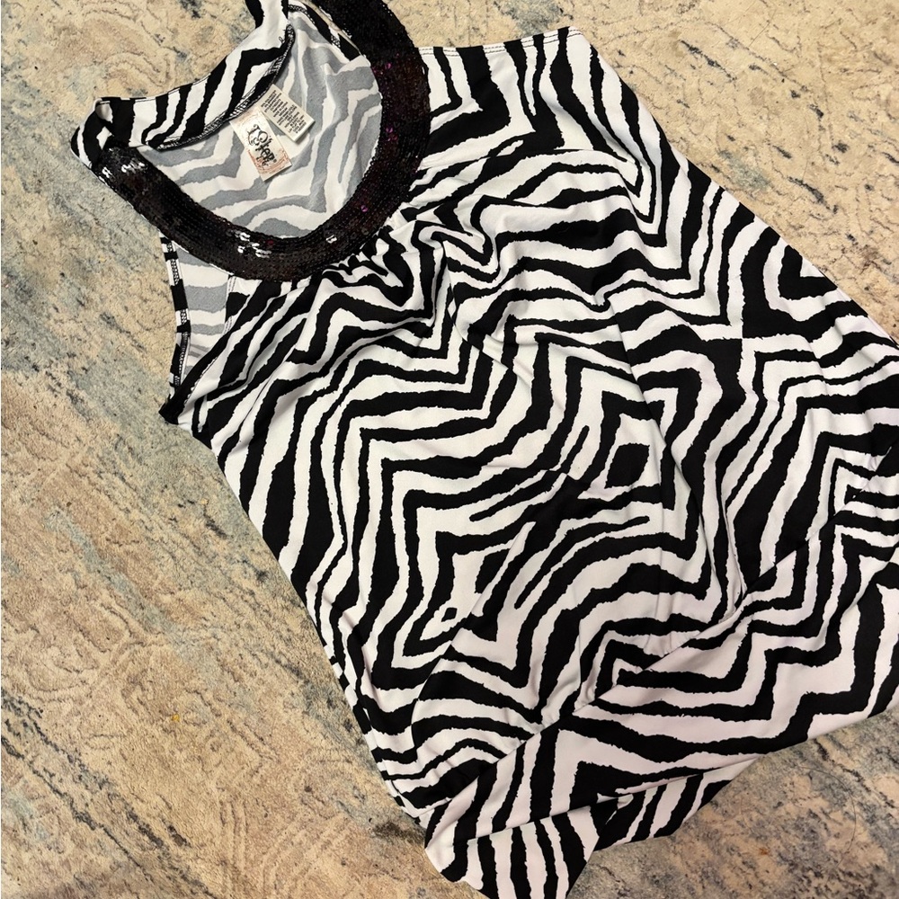 L8teR Black and White Zebra Print Sequin Trim Tank